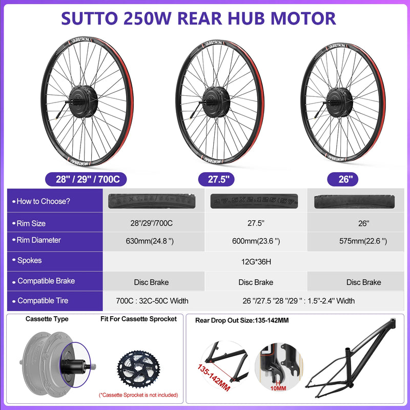 Varstrom x SUTTO 36V 250W Rear Hub Motor Disc Brake Cassette Kit With 13Ah 24Ah Battery Kits Ebike Electric Bike Conversion Kits