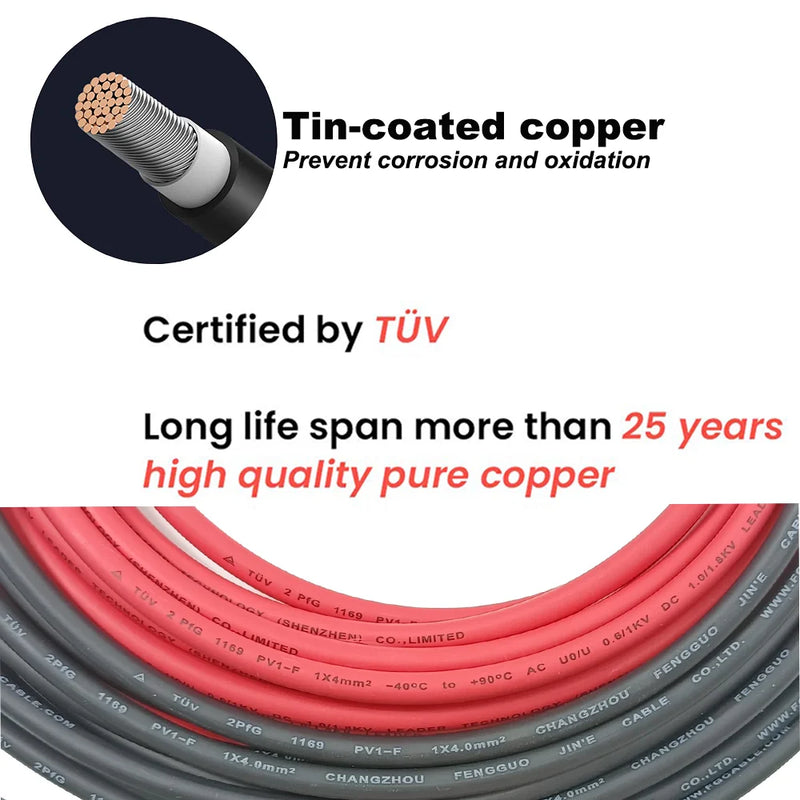 Solar Extension Cable Wire Black + Red 12AWG(4mm²)  with Waterproof Cap Solar Connector  Solar Panel Extension Cable Wire 1500V