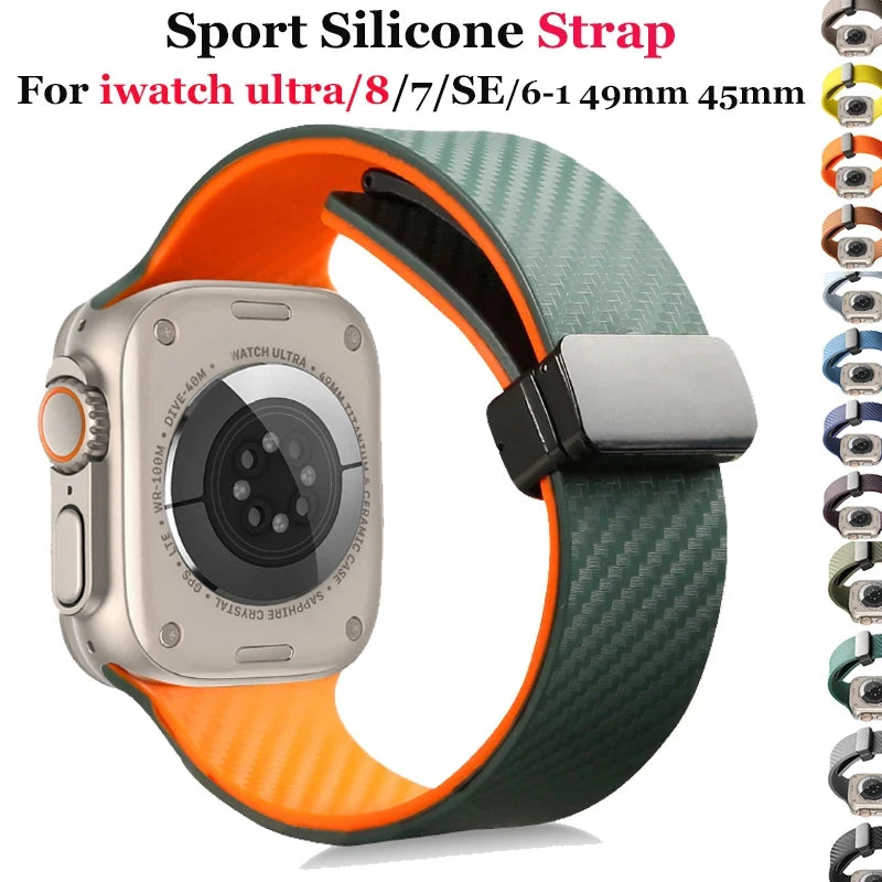 Carbon Fiber Silicone Strap for Apple Watch Band 45mm 44mm 49mm 41mm 42mm 40mm 38 Magnetic Bracelet Iwatch 8 7 6 SE 5 4 3 Ultra