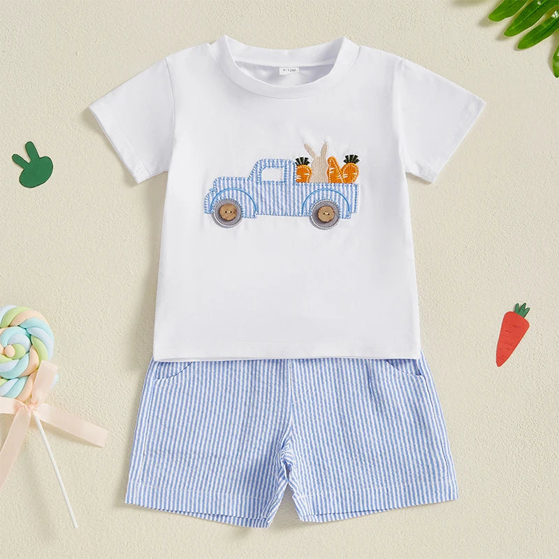 Summer Easter Kids Baby Boy Outfits Short Sleeve Embroidery T-Shirt + Shorts Set Fall Clothes Set