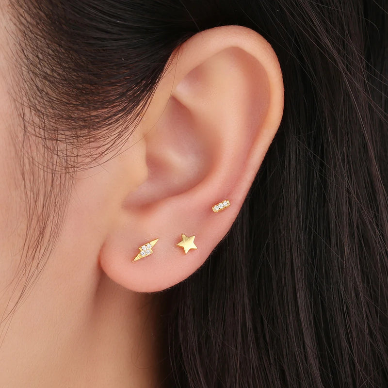 Dowi S925 Sterling Silver Eye Moon Stars Earring for Women White Zircon Flat Back Screw Piercing Stud Earring Pendiente Jewelry