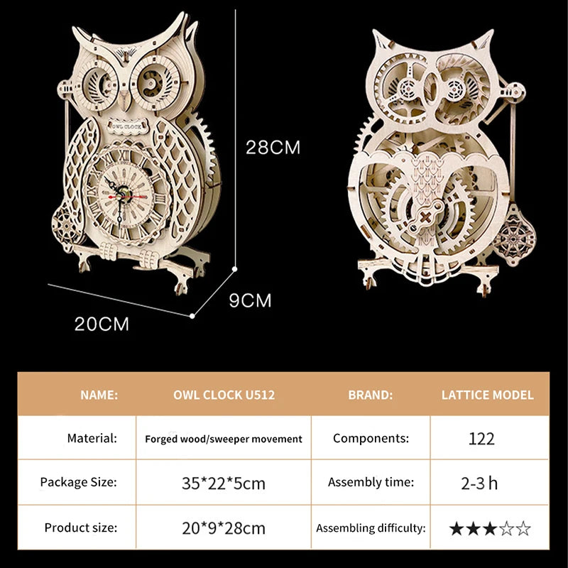 Wooden Puzzle 3D Owl Clock Model Building Kits Creative DIY Wall Clock Mechanical Retro Pendulum Clock Assembly Toy for Adults