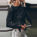 Women Sexy Hollow Backless Blouse Autumn Casual Long Sleeve Loose Pullover Tops Spring Elegant O-neck Shiny Sequin Party Shirts