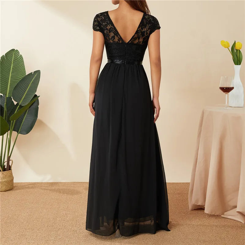 Women Elegant Maxi Long Evening Dress Solid Color Lace Patchwork Backless V Neck High Waist Dress Wedding Party Bridesmaid