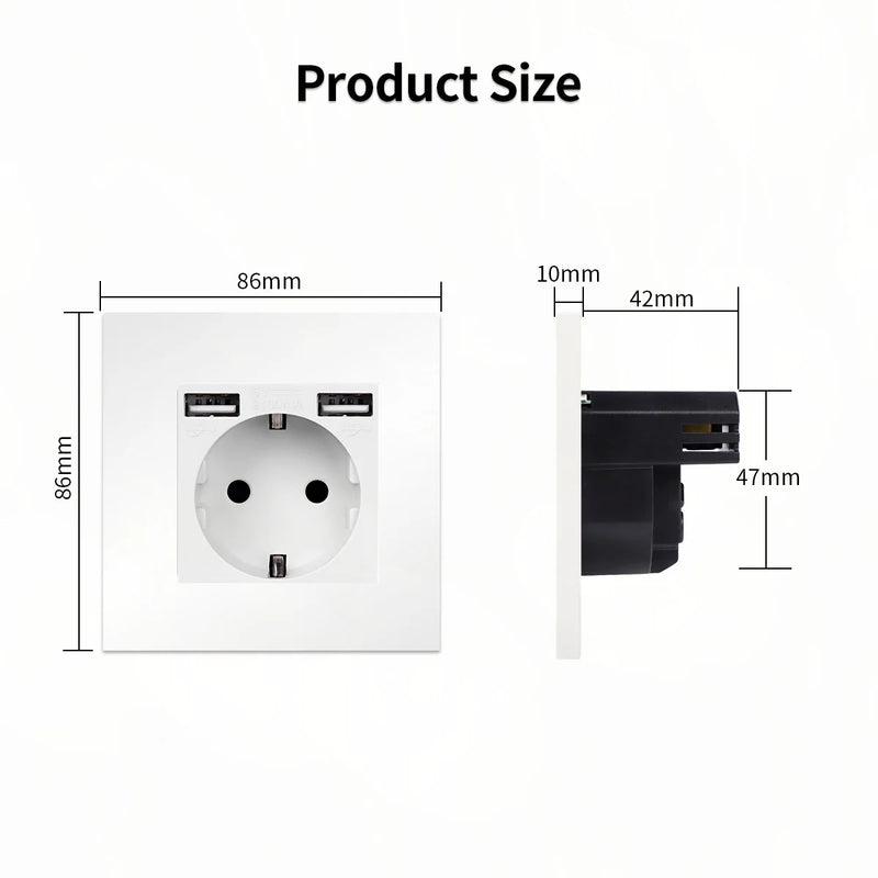 Wall Type Dual USB Power Socket 2.1A, Electrical socket wall plug with usb, 16A 220V outlet, German EU Standard Socket