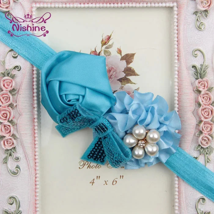 1PCS Baby Girls Flower Headband Rose Bow Pearl Elastic Kids Children Hairbands Hair Accessories Photo Props Headwear