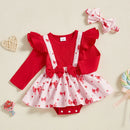 Adorable Toddler Girls Heart Print Romper Dress with Ruffles Long Sleeves and Matching Headband for Valentine s Day