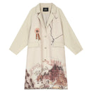 ELFSACK 2025 Autumn New Arrivals Casual Cute Hand Drawn Print Long Trench Coat Stylish Overcoat For Woman