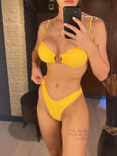 New Metal Ring Brazilian High Leg Cut Bikini Female Swimsuit Women Swimwear Two-pieces Bikini set Bather Bathing Suit Swim V6589