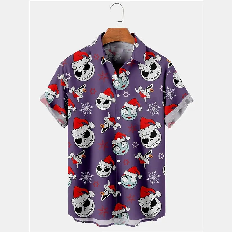 Skull Goth Men's Shirt Casual Weekend Fall Men's Lapel Top Short Sleeve Shirt Four-Way Stretch Comfortable Christmas Shirt