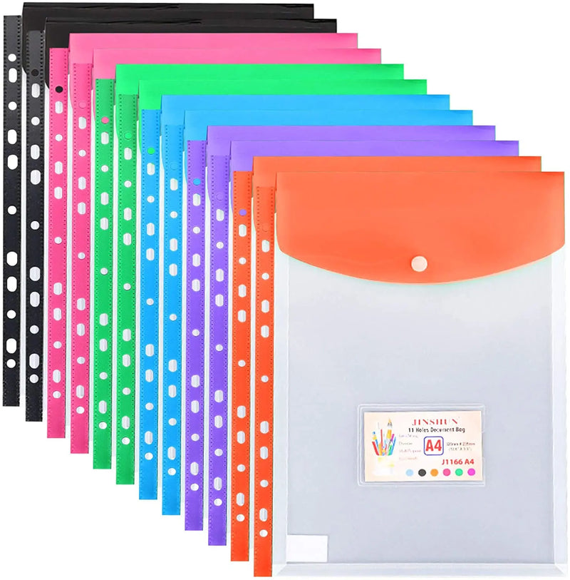 12pcs Expandable Binder Pocket A4 Clear Plastic Envelopes 11-hole Binder Document Contract Bag Clip With 3 Rings