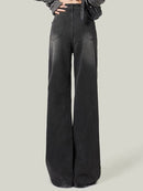 2024 Woman Korean High Waist Jeans Lady Slim Fit Loose Denim Wide Leg Pants Girls Black Gray High Street Straight Leg Trousers