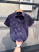 Large Size Cartoon Purple Short-sleeved Floral Shirt Men's Summer Dark Retro Hong Kong Style Handsome Hawaiian Shirt