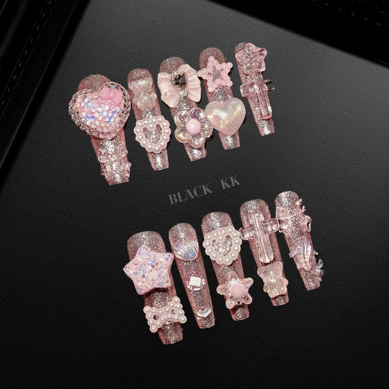 10Pcs Y2K Spicy Girl Long Coffin Handmade Press On Nails 3D Sanrio Hello Kitty Bear Pearl Diamond Pentagram Wearable False Nail