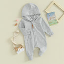 Pudcoco Infant Newborn Baby Jumpsuit, Long Sleeve Hooded Zip-up Solid Fall Romper Clothes for Boys Girls 0-12M