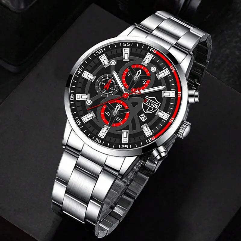 3PCS Set Fashion Luxury Mens Calendar Watches Male Casual Silver Quartz Watch Men Necklace Bracelet Wrist Watch