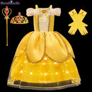 Girls Belle Princess Dress LED Light Up Summer Cosplay Costume Beauty and the Beast Clothing Birthday Party Gift