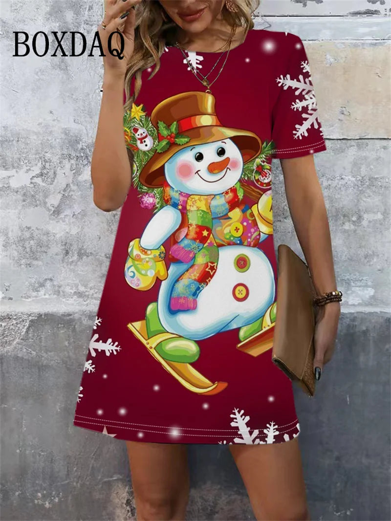 Red Christmas Snowman Women Dresses Elegant Cartoon Print Short Sleeve Loose Mini Dress 2025 New Year Party Street Casual Dress