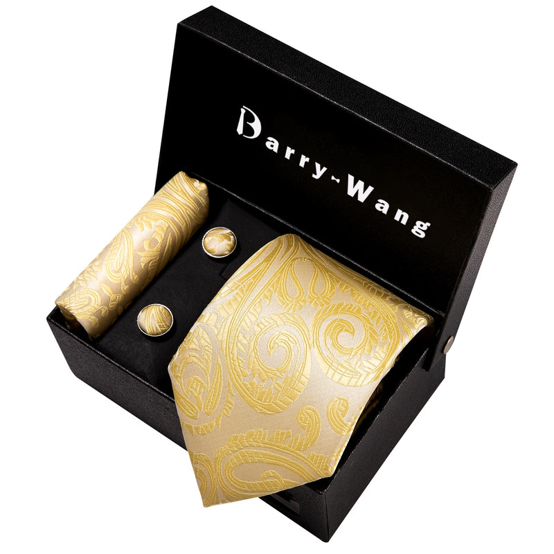 Gold Men Tie Paisley Silk Tie Pocket Square Gift Box Set Barry.Wang Luxury Designer Neck Tie For Men Male Gravat Wedding BB-5150