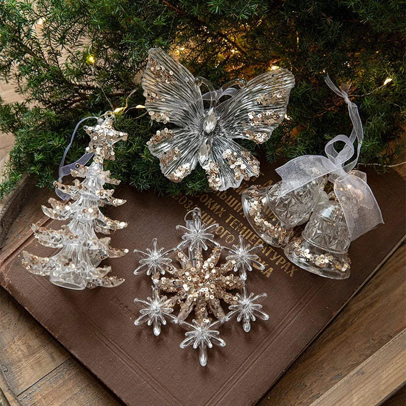 Christmas Decoration Acrylic Snowflake Icicle Pendants Xmas Tree Decor Snowflower Bell Hanging Pendant Home New Year Gift 2025