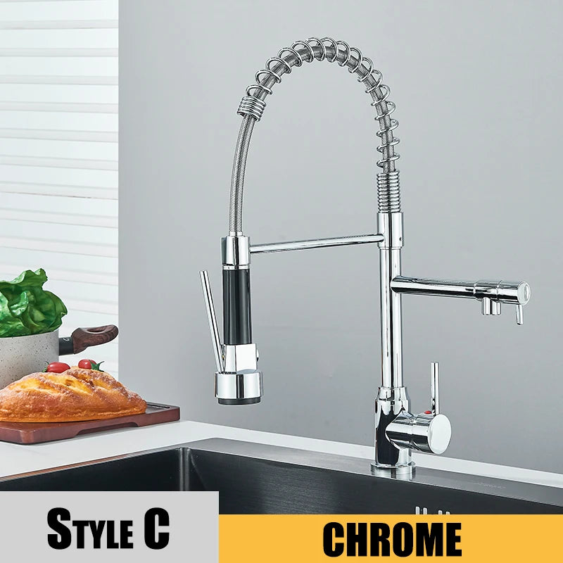 Nickel Kitchen Sink Faucet Pull Down Hot and Cold Water Mixer2 Mode Tap with Dual Spout 360 Rotation Flexible Deck Mounted