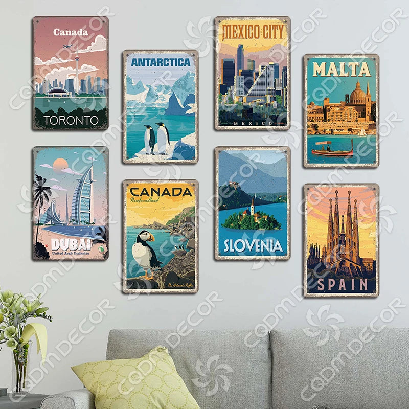 Capital City Scenery Tin Sign Metal Plate Canada Mexico Greece Dubai Metal Poster Vintage Wall Decor for Cafe Living Room Home