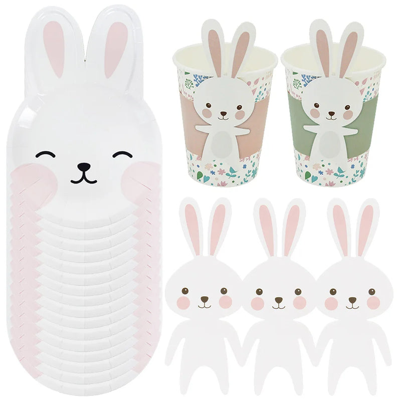 Easter Theme Disposable Tableware Cute Cartoon Rabbit Pattern Paper Plates Cups Napkins Kids Easter Party Decoration Supplies
