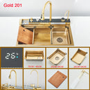 Gold Multifunctional Kitchen Waterfall Sink Digital Display Large Single Sink Dish Basin Sink 304 Stainless Steel