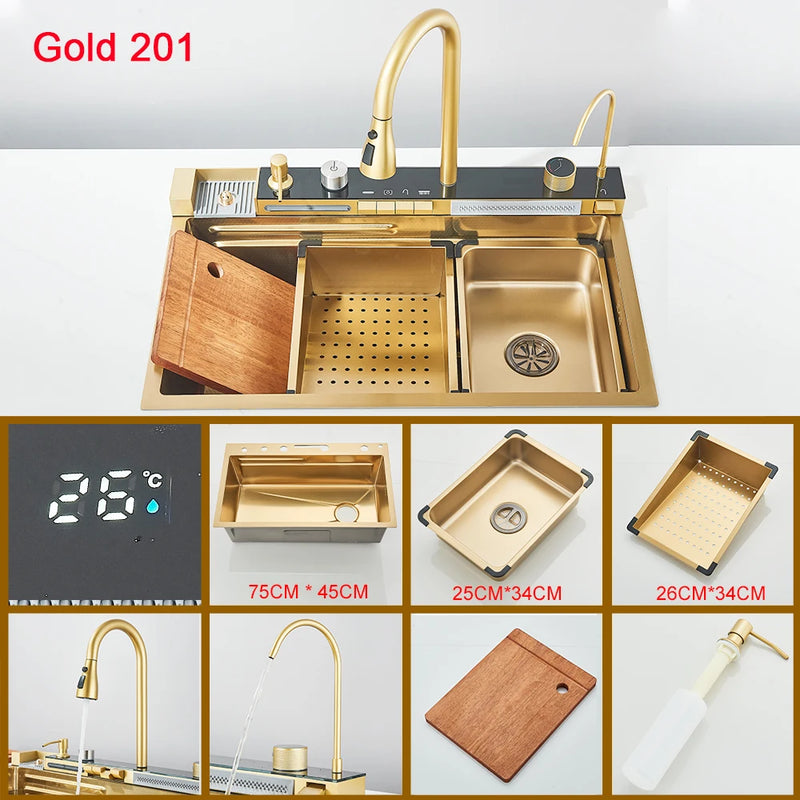 Gold Multifunctional Kitchen Waterfall Sink Digital Display Large Single Sink Dish Basin Sink 304 Stainless Steel