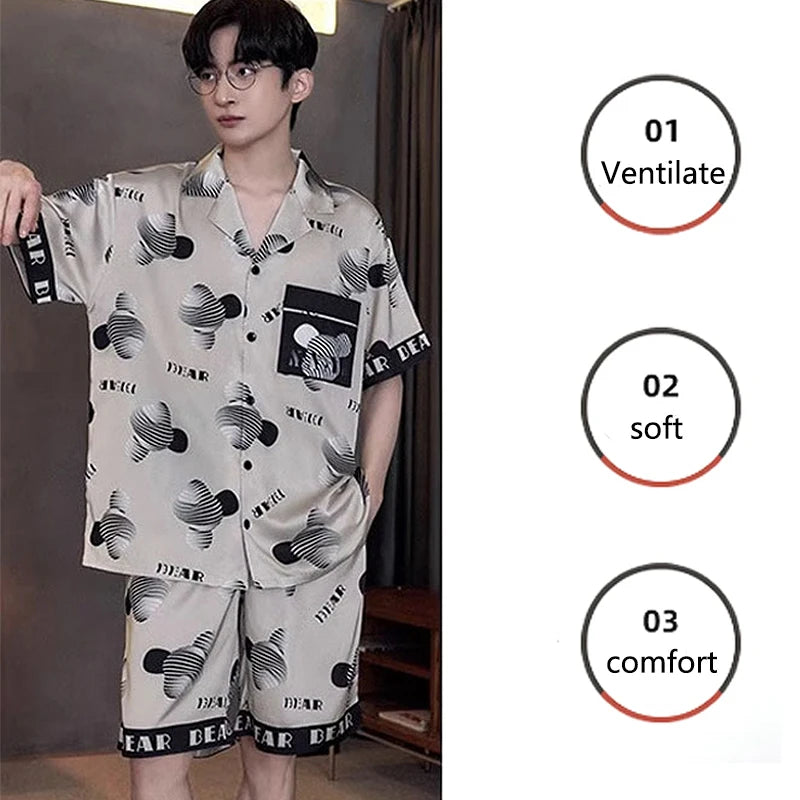 2PCS/Set Plus Size Men Pajamas Short-Sleeved Shorts Casual Buttons Student Teenage Homewear Letters Three-Dimensional Bear Cardi