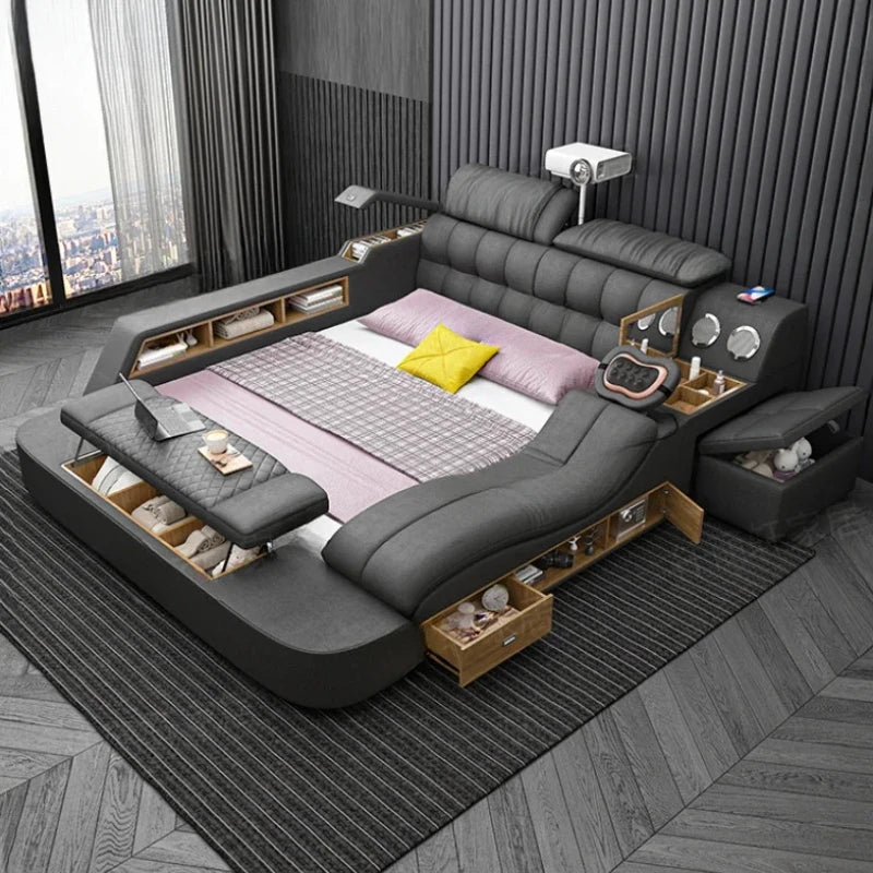Nordic Smart Aesthetic Double Bed Designer Storage Luxury Frames Double Bed Multifunctional Leather Camas Matrimonial Furniture
