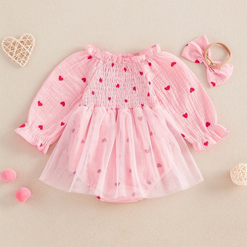 Newborn Clothes Baby Girl Autumn Romper Dress Long Sleeve Crew Neck Red Heart Print Jumpsuit with Bow Headband