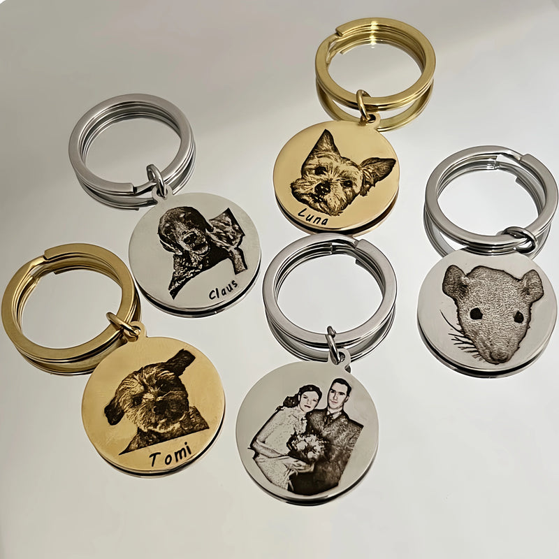 Custom Pet Portrait Family Commemorative Photo Text Keychain Stainless Steel Personalized Matching Key chain Mother's Day Gift