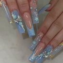 24Pcs Gold French Border False Nails Long Coffin False Nails with Rhinestones Ballerina Full Cover Nail Tips Press on Nails 2030
