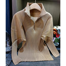 Miyake Pleated Sweatshirt Pit Stripe Zipper Standing Collar Jacket Women 2025 New Casual Pullover Hundred Pleat Skinny Tops