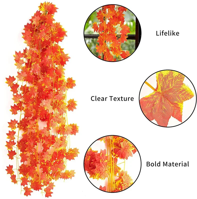 2.4m Red Maple Leaf Rattan Garland Decorations Outdoor Hanging Vines Artificial Maple Leaf for Autumn Thanksgiving Fall Decor