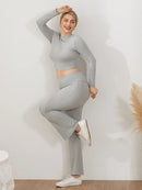 Women s Pants Outfits Solid Color Long Sleeve Boat Neck Crop Tops with Fold Over Trousers Set Streetwear