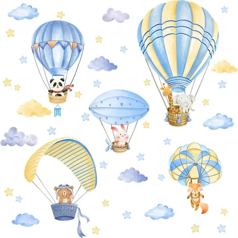 Blue Watercolor Animals Hot Air Balloon Wall Stickers for Kids Room Baby Nursery Room Wall Decor Wall Decals Boy Room Stickers