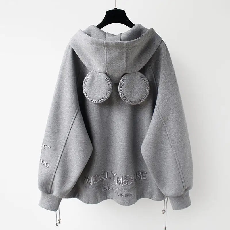 2023 New Spring and Autumn Fashion Trend Simple Solid Solid 3D Letter Pocket Long Sleeve Loose Relaxed Oversized Ear Hooded Coat
