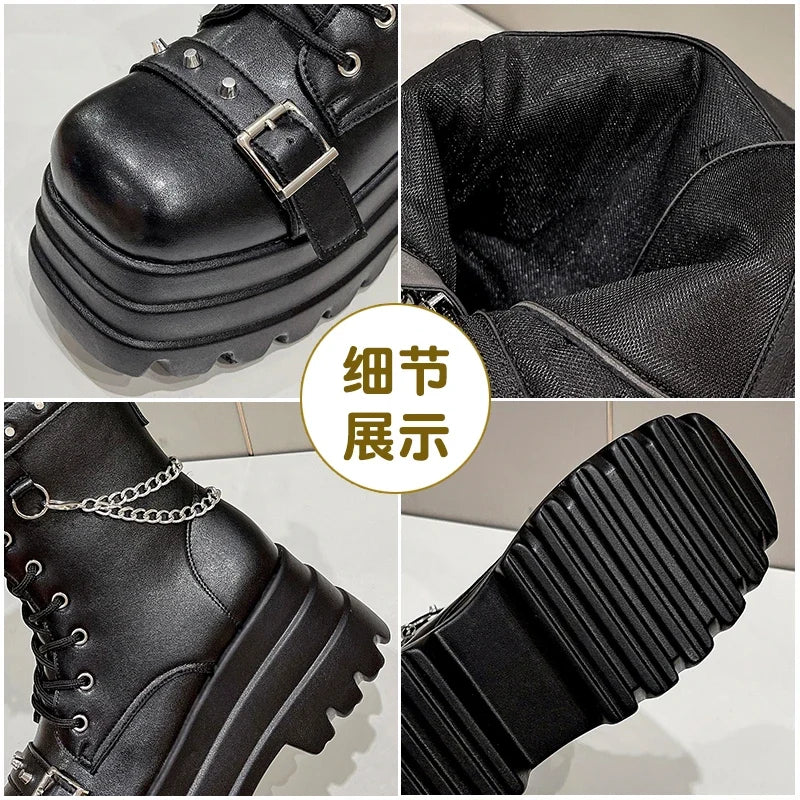 Platform Thick Gothic Boots Lady Buckle Autumn Shoes Women Wedges Knee High Boots Punk Street Cosplay Botas Motorcycle Chain