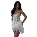 Women Strapless Bandage Backless Floral Lace Corset Tube Dress Sleeveless Off Shoulder Ruched Mesh Bodycon Mini Dress