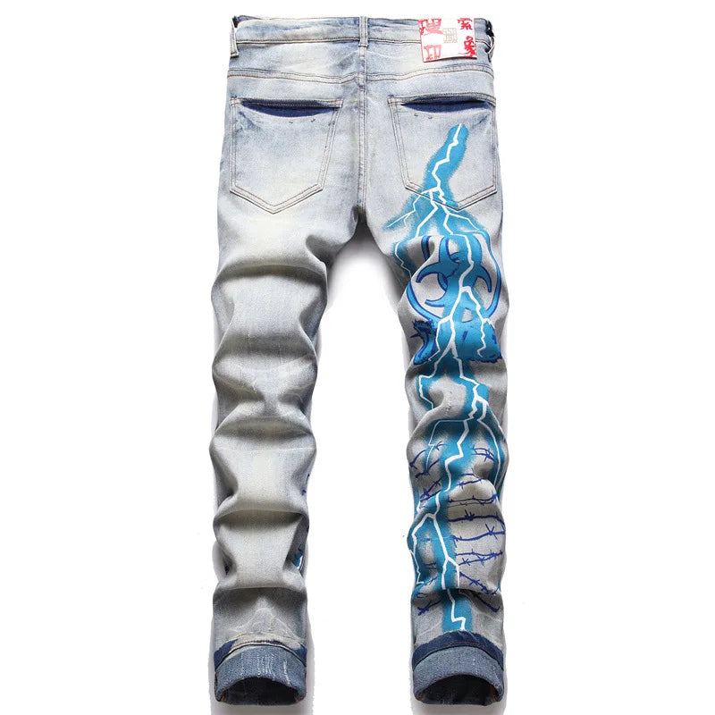 Men Print Jeans Streetwear Letters Lightning Painted Stretch Denim Pants Vintage Blue Ripped Buttons Fly Slim Tapered Trousers