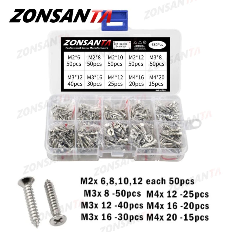 ZONSANTA M1-M4 Cross Flat Head Self Tapping Screw Assortment Kit Wood Thread Nail Screw Sets DIY Countersunk Head Small Screws