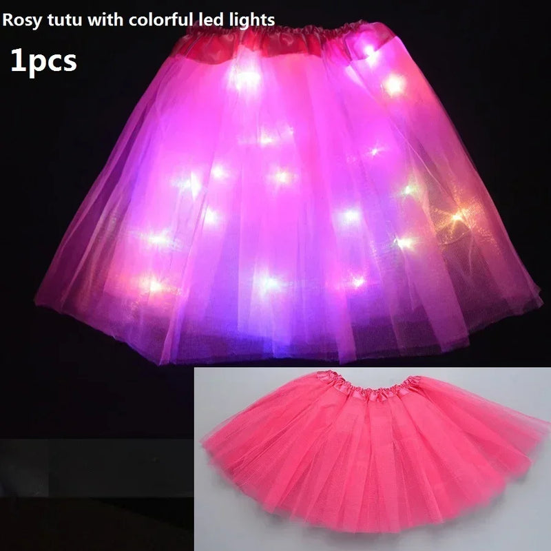 Children Kids Girls Light Up Tutu Led Skirt Glow Wreath Headband Party Birthday Luminous Costumes Christmas Halloween Festival