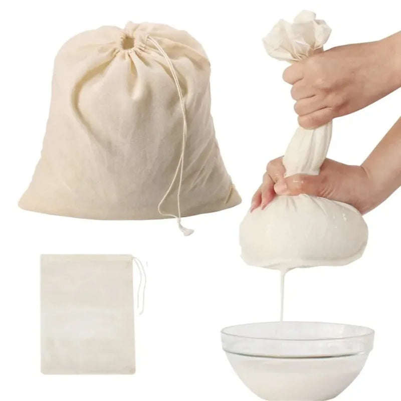 Reusable Cheese Cloth Bags Unbleached Natural Cotton Drawstring Bag for Yogurt Cold Brew Bags Nut Milk Tea Herbs Spice Strainers