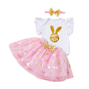 Toddler Girls Spring Floral Print Ruffle Sleeve Romper with Matching Bow Headband and Tulle Skirt - Easter Outfit