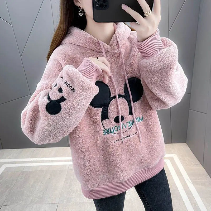 Disney Mickey Mouse Print Sweatshirt Thick Plush Lining Hoodie Loose Korean Fashion All-match Oversized Kawaii Hoodies