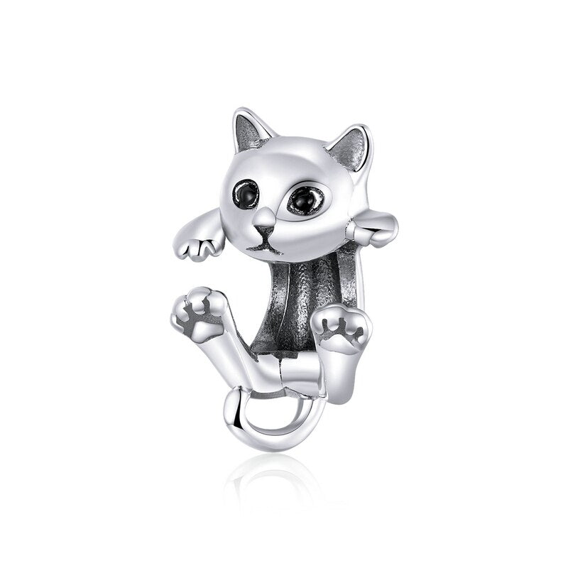 WOSTU 2021 925 Sterling Silver Cute Black Cat Suspend Animals Charm Beads Fit Original Bracelet DIY Jewelry CTC520