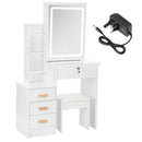 Dressing Table with LED Lights and Adjustable Brightness, Vanity Desk with Mirror, 4 Drawers, 6 Hidden Shelves, and Stool