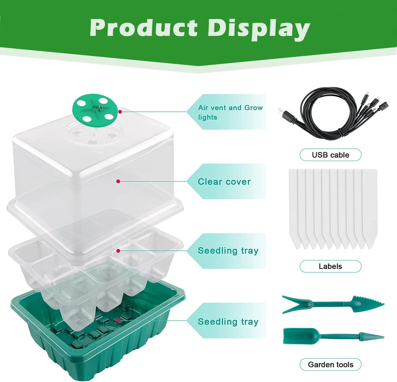 Full Spectrum LED Grow Light with Seedling Tray Plant Seed Starter Trays, Greenhouse Growing Trays with Holes 12 Cell Per Tray